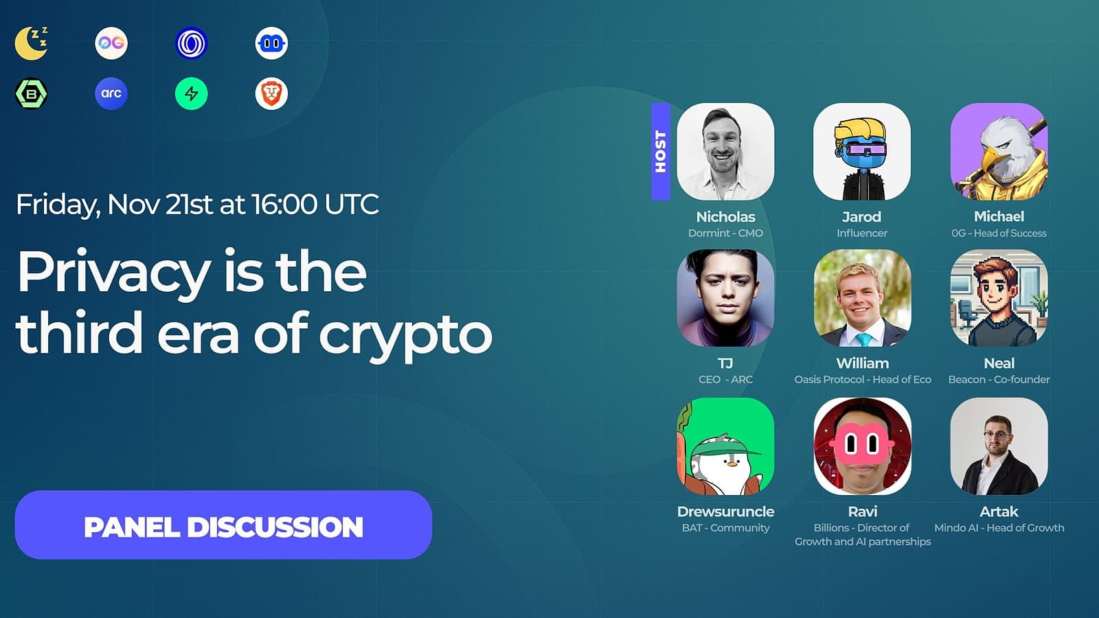 Dormint Privacy Masters X Space card for 'Privacy is the third era of crypto' on Nov 21, 2025, featuring Michael from 0G