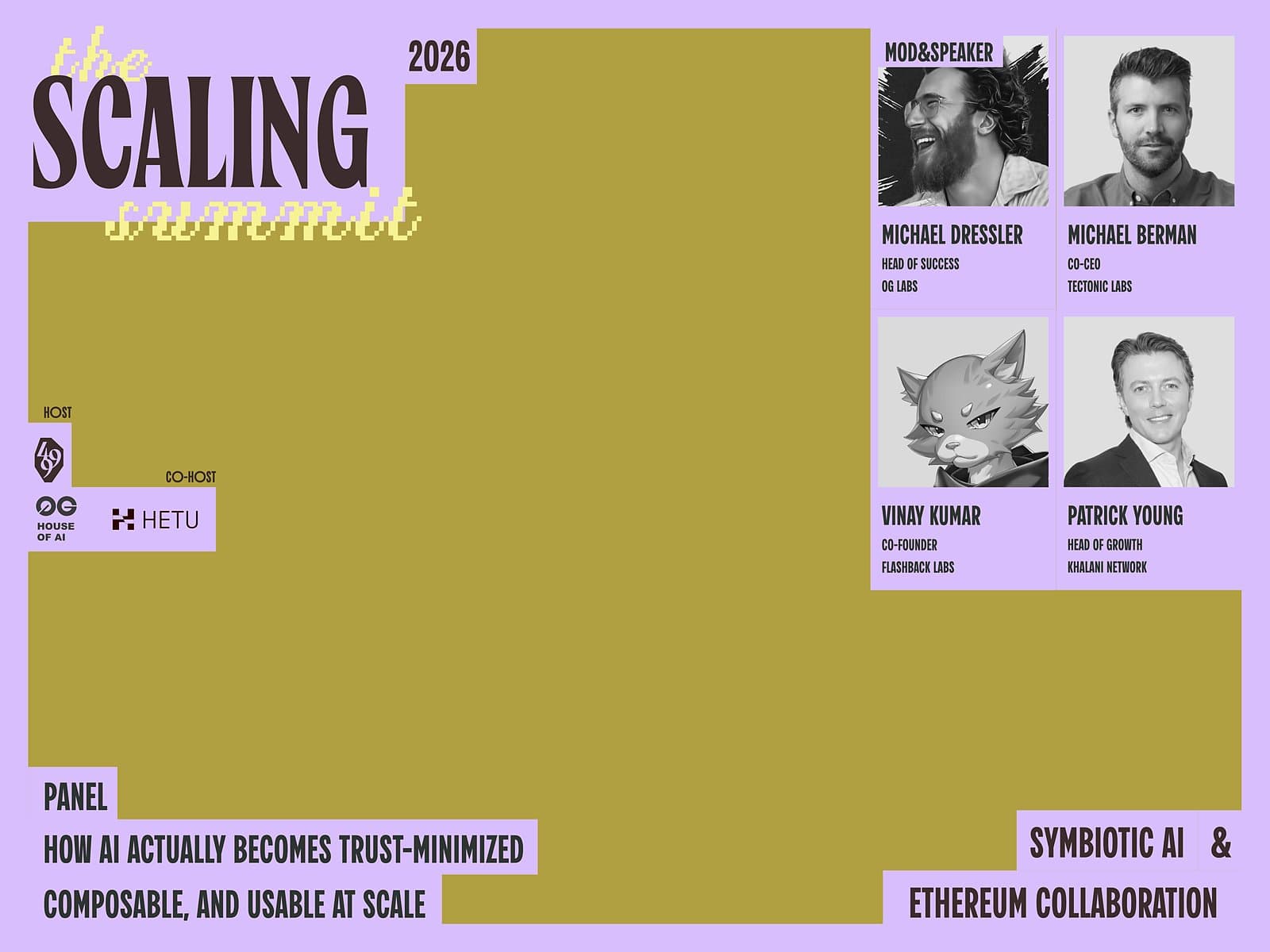 Panel card listing Michael Dressler as moderator and speaker for 'How AI actually becomes trust-minimized, composable, and usable at scale' at The Scaling Summit